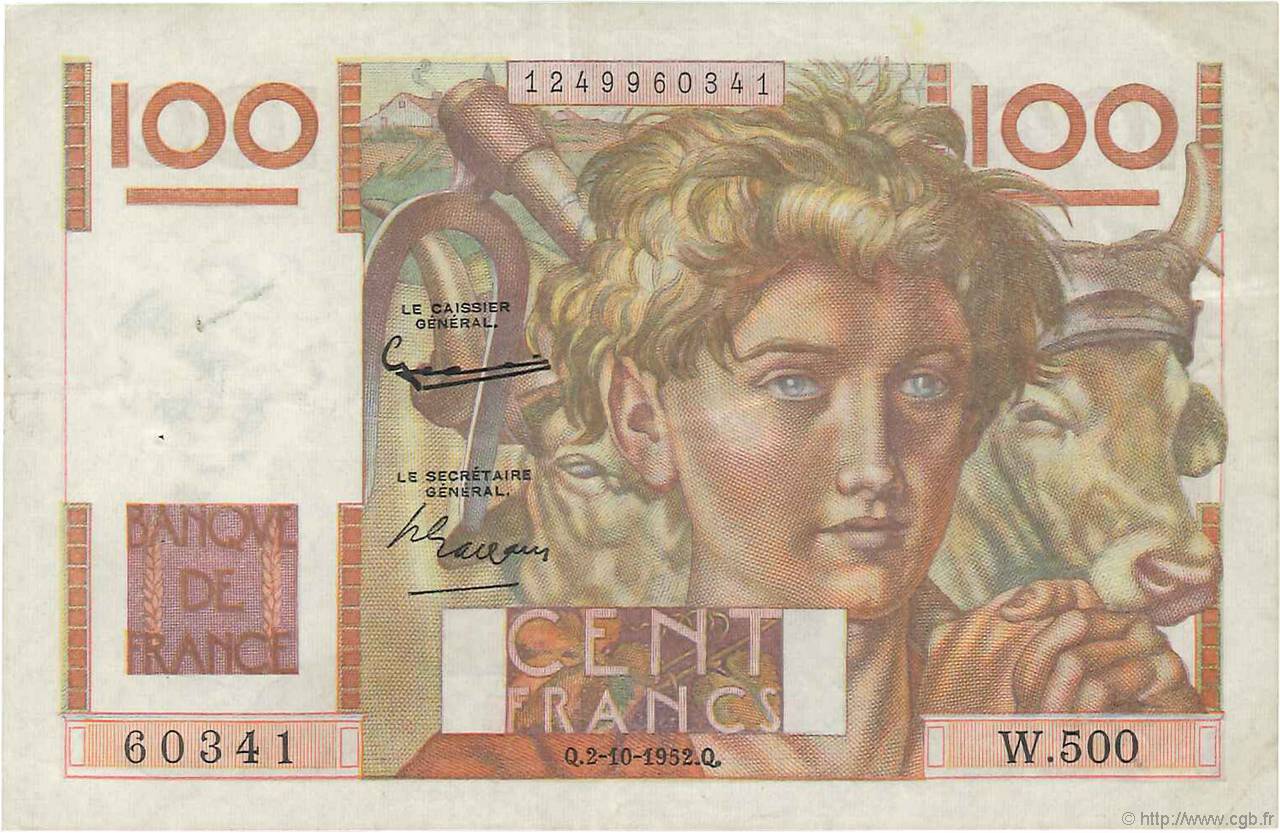 100 Francs JEUNE PAYSAN filigrane inversé FRANCIA  1952 F.28bis.01 q.SPL