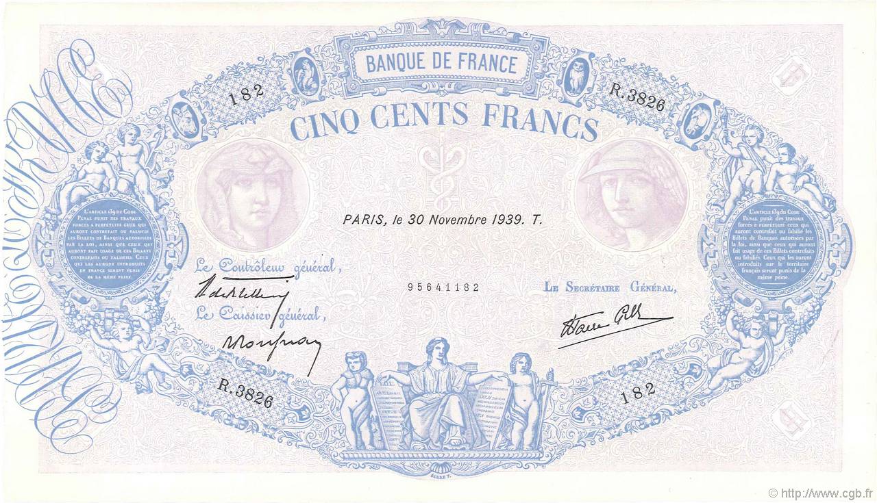 500 Francs BLEU ET ROSE modifié FRANCIA  1939 F.31.50 SPL+