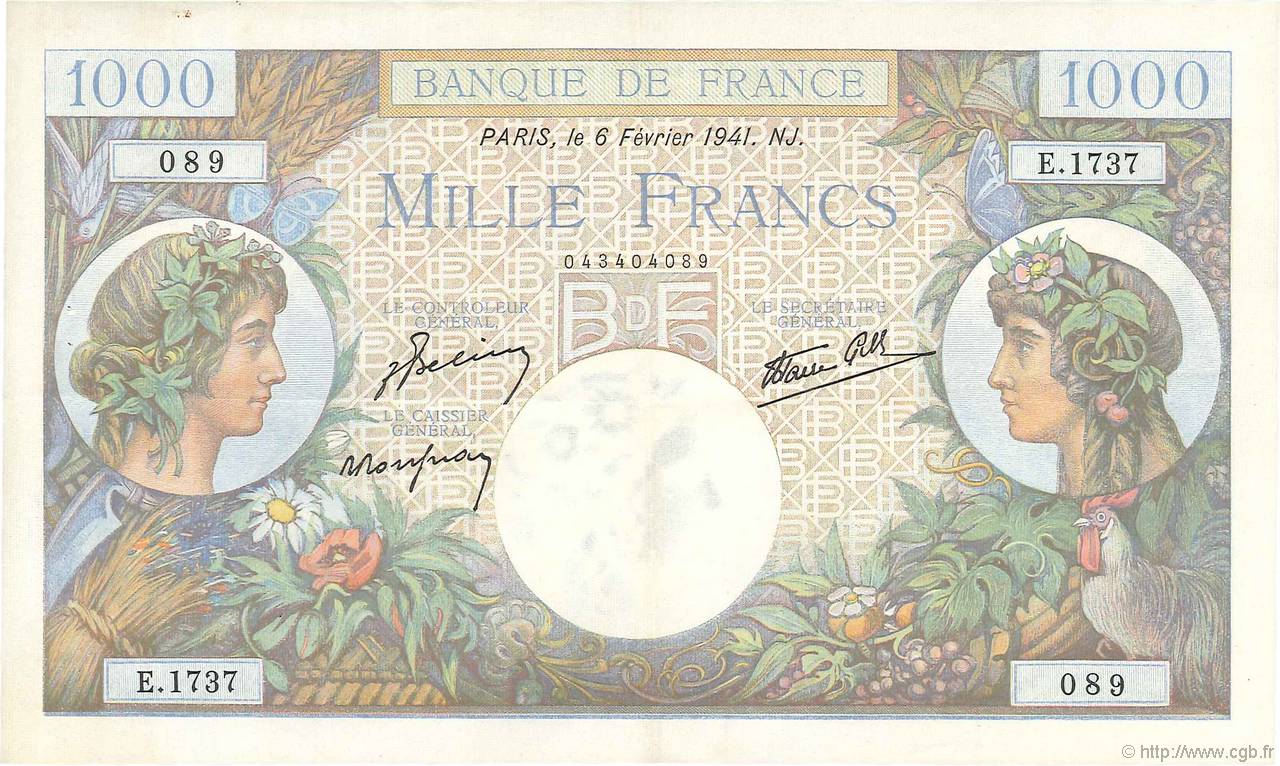 1000 Francs COMMERCE ET INDUSTRIE FRANKREICH  1941 F.39.04 SS to VZ