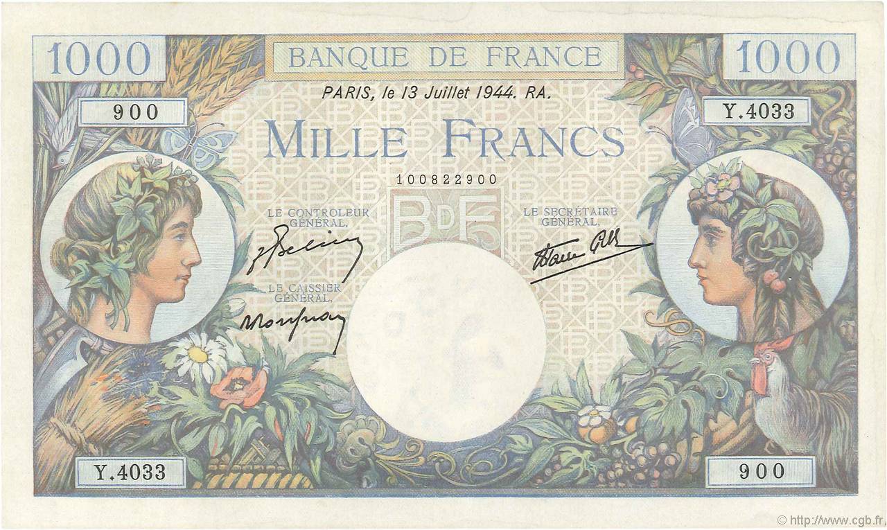 1000 Francs COMMERCE ET INDUSTRIE FRANCIA  1944 F.39.11 AU+
