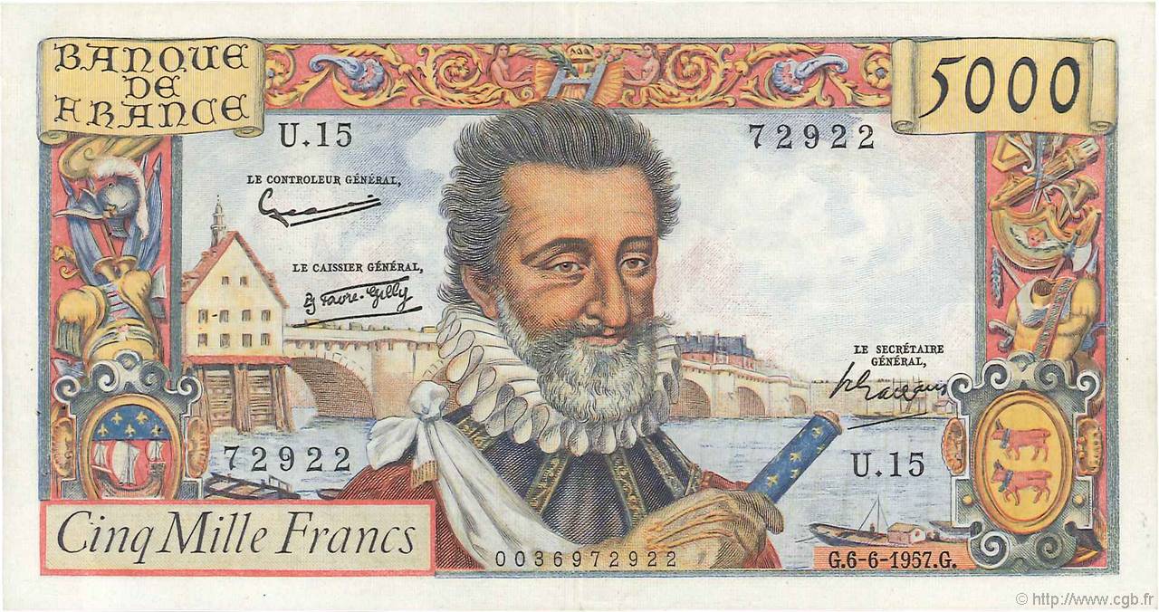 5000 Francs HENRI IV FRANCE  1957 F.49.02 TTB+