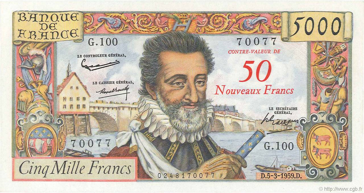 50 NF sur 5000 Francs HENRI IV FRANCIA  1959 F.54.02 q.AU