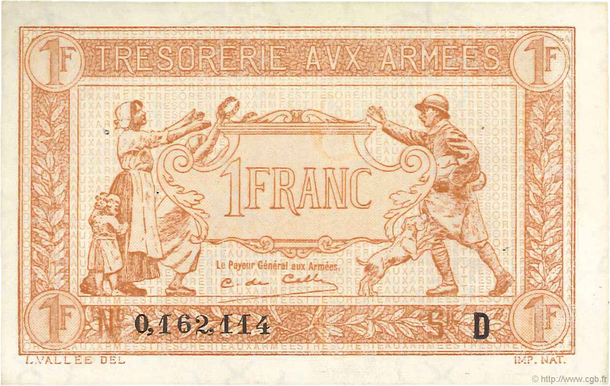 1 Franc TRÉSORERIE AUX ARMÉES 1917 FRANCE  1917 VF.03.04 XF+