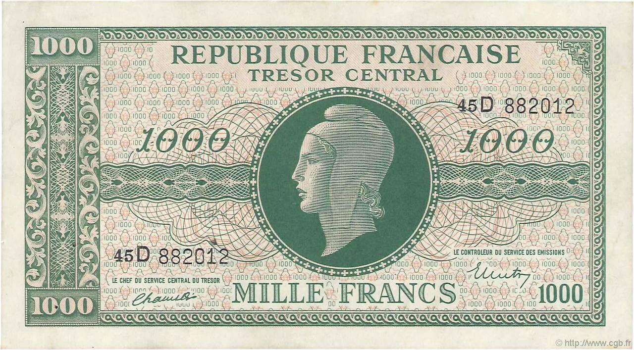 1000 Francs MARIANNE THOMAS DE LA RUE FRANKREICH  1945 VF.13.01 VZ+