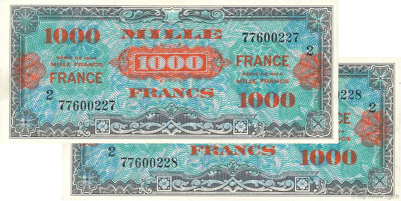 1000 Francs FRANCE Consécutifs FRANCE  1945 VF.27.02 pr.SPL