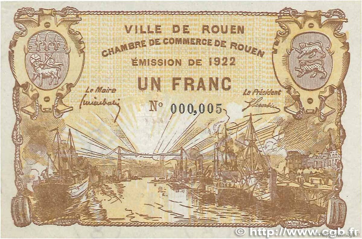 1 Franc FRANCE Regionalismus und verschiedenen Rouen 1922 JP.110.65 VZ