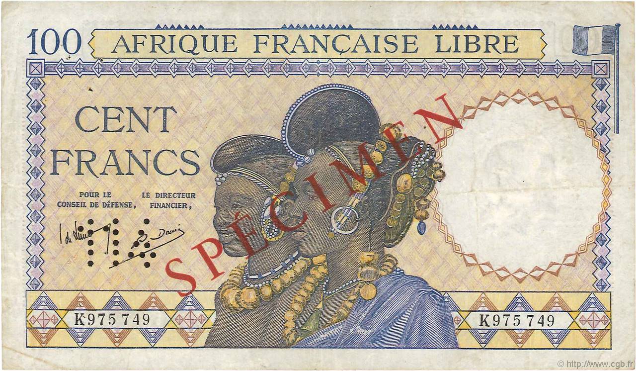 100 Francs Spécimen FRENCH EQUATORIAL AFRICA Brazzaville 1941 P.08s VF