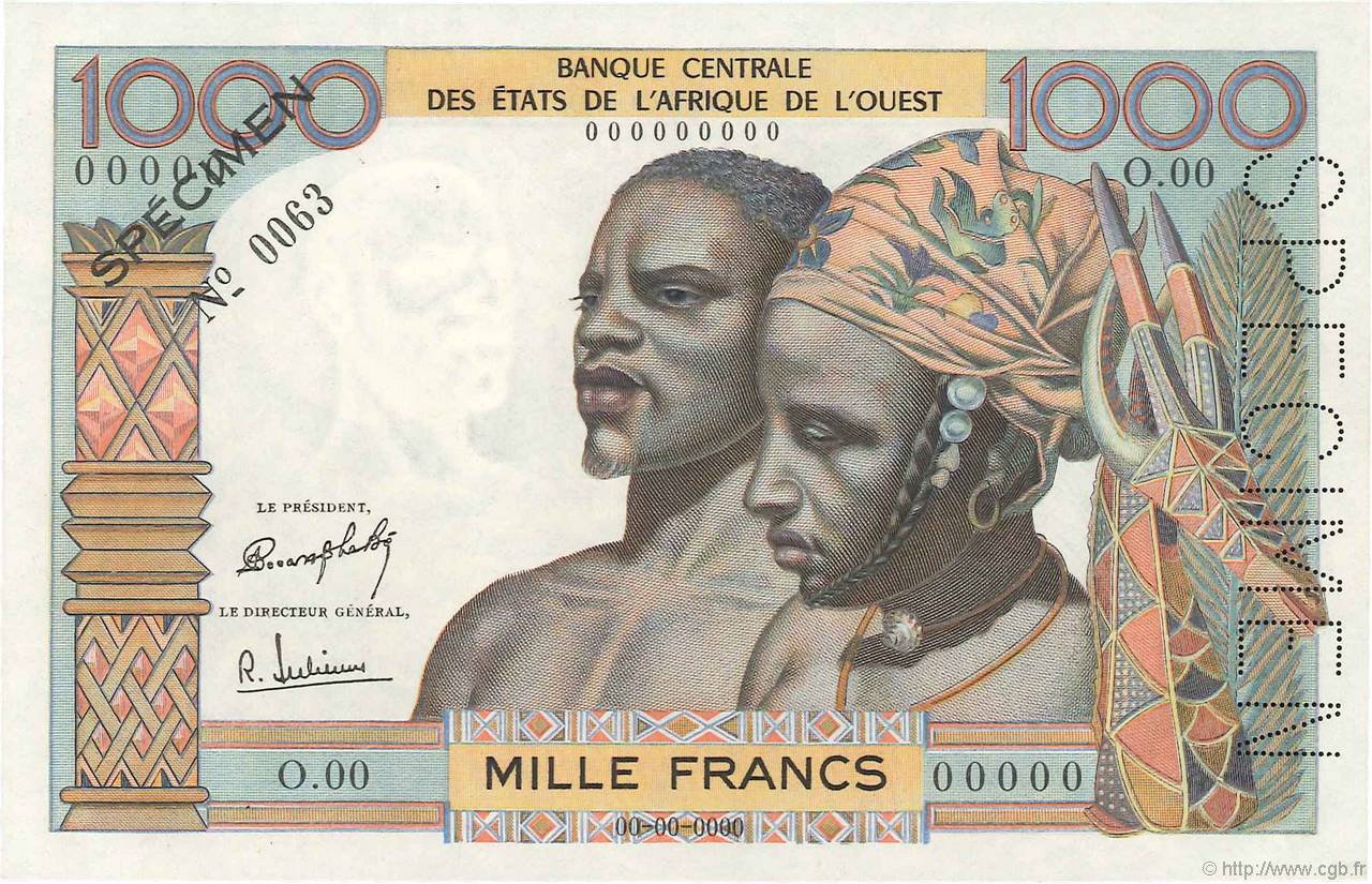 1000 Francs Spécimen ÉTATS DE L AFRIQUE DE L OUEST  1964 P.004vars NEUF