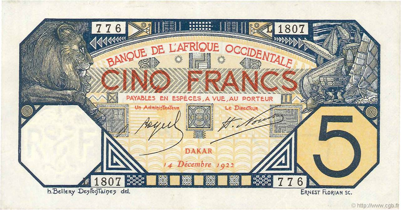 5 Francs DAKAR FRENCH WEST AFRICA Dakar 1922 P.05Bb VZ