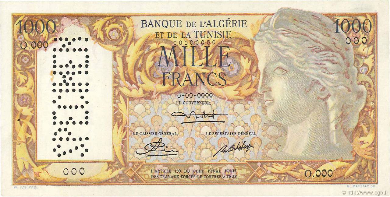 1000 Francs Spécimen ALGERIEN  1950 P.107s VZ