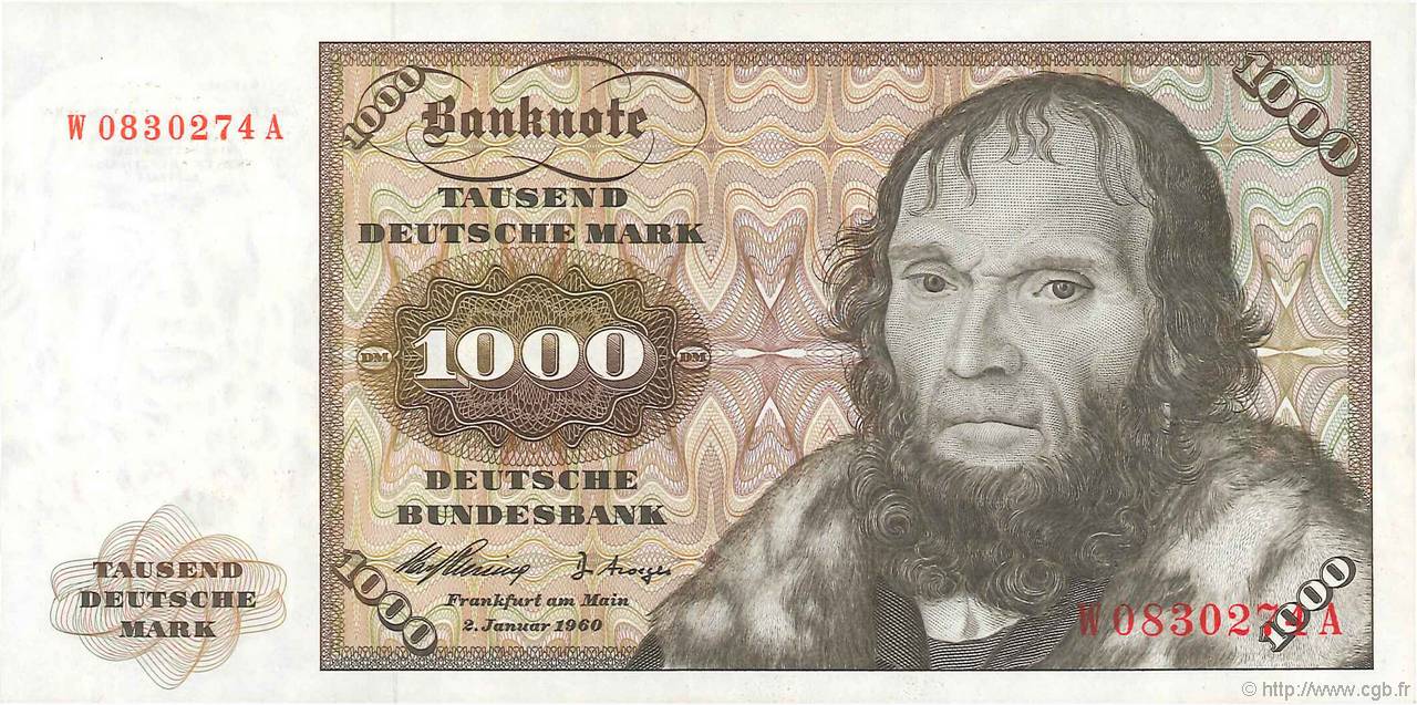 1000 Deutsche Mark GERMAN FEDERAL REPUBLIC  1960 P.24a EBC+