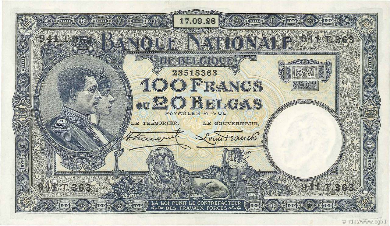 100 Francs - 20 Belgas BELGIUM  1928 P.102 XF+