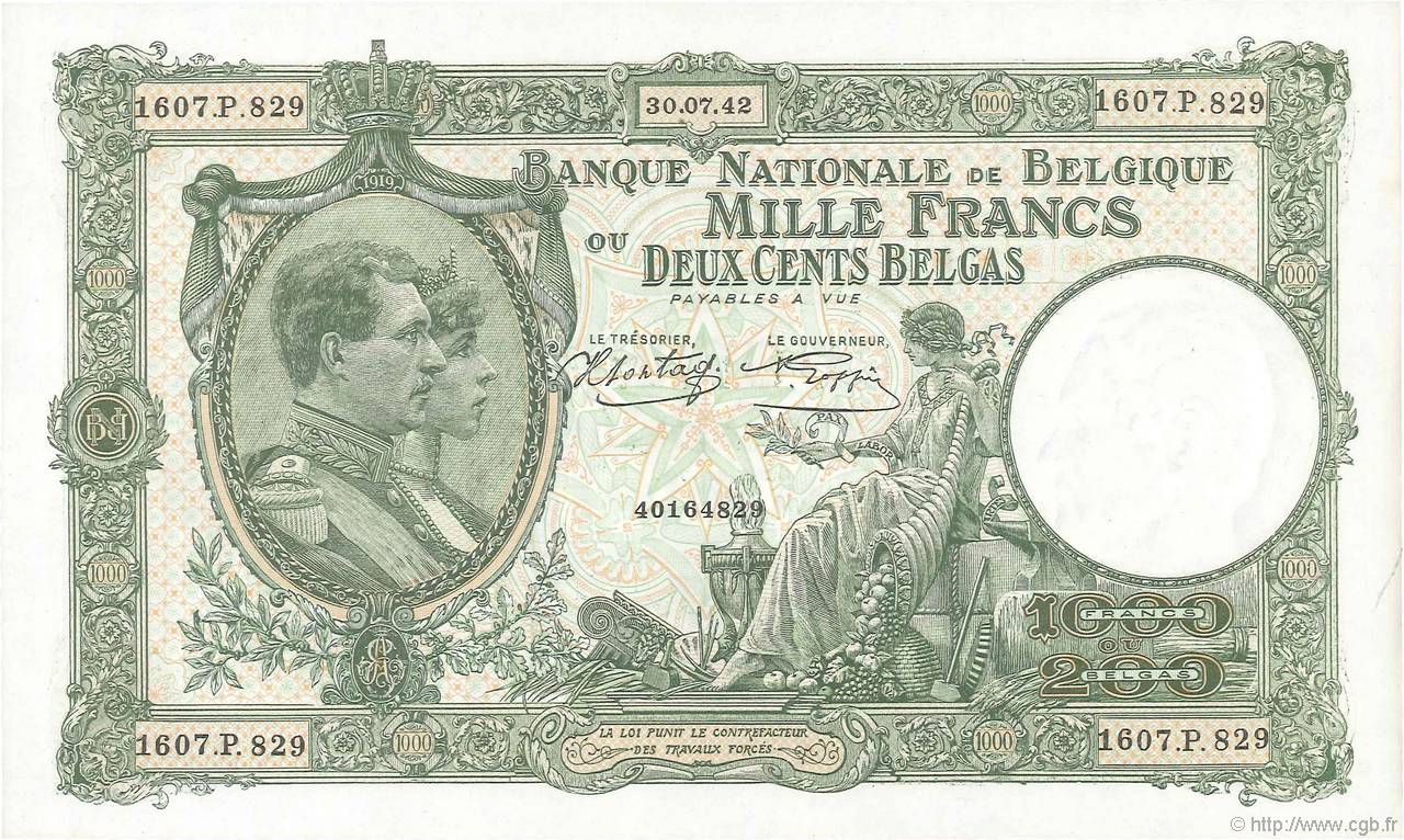 1000 Francs - 200 Belgas BELGIUM  1942 P.110 UNC-