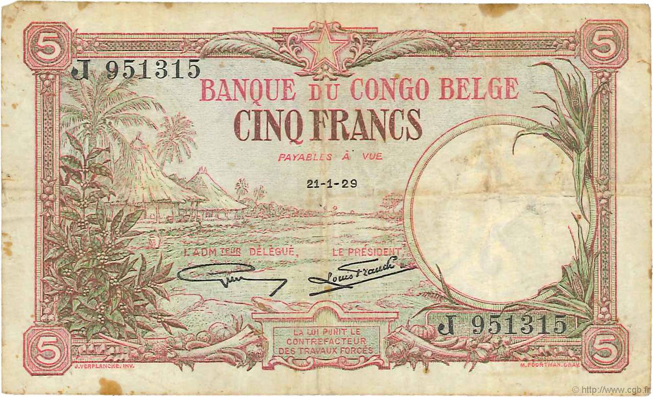 5 Francs BELGIAN CONGO  1929 P.08e F+