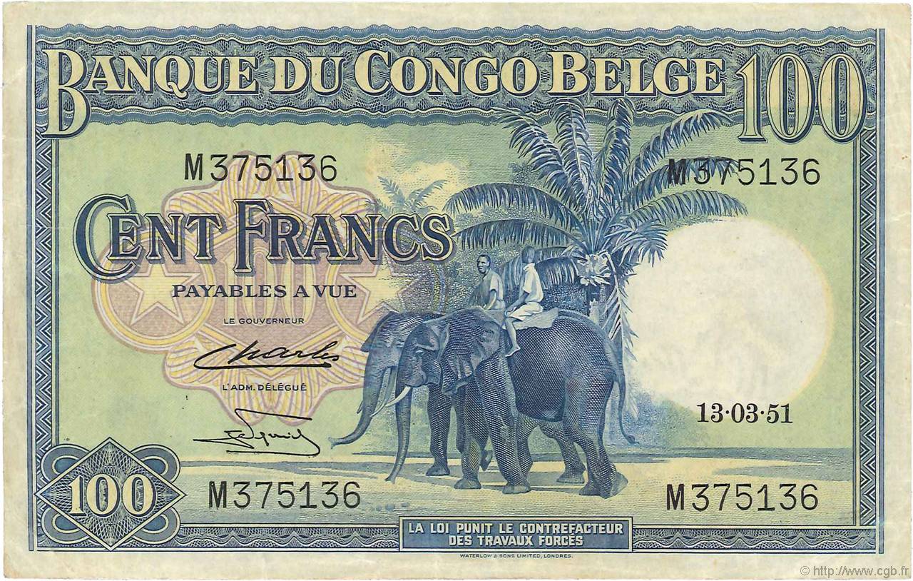 100 Francs BELGA CONGO  1951 P.17d MBC+