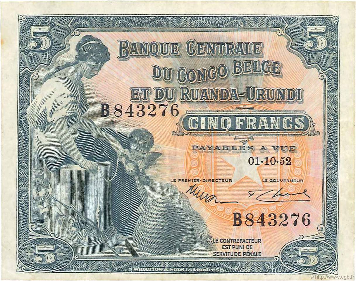 5 Francs BELGIAN CONGO  1952 P.21 XF