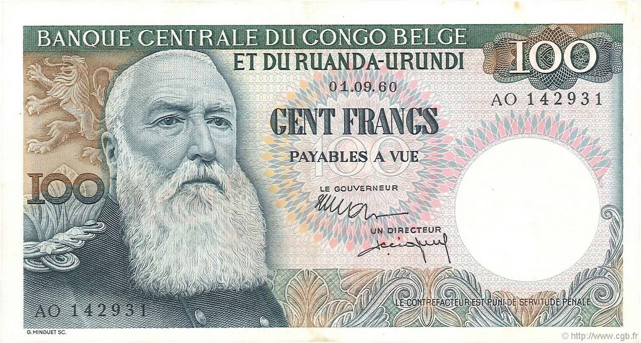 100 Francs CONGO BELGE  1960 P.33c SPL