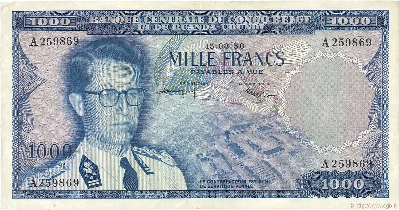 1000 Francs CONGO BELGE  1958 P.35 TTB