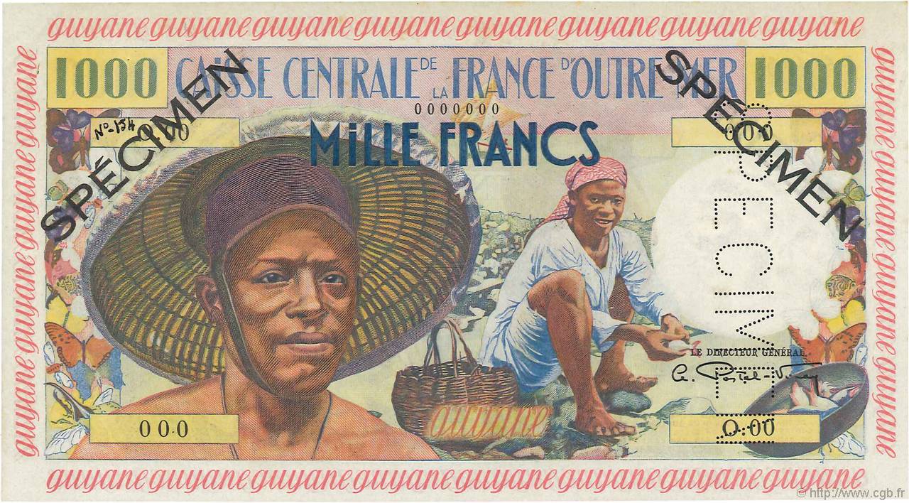 1000 Francs pêcheur Spécimen FRENCH GUIANA  1955 P.27s SC+