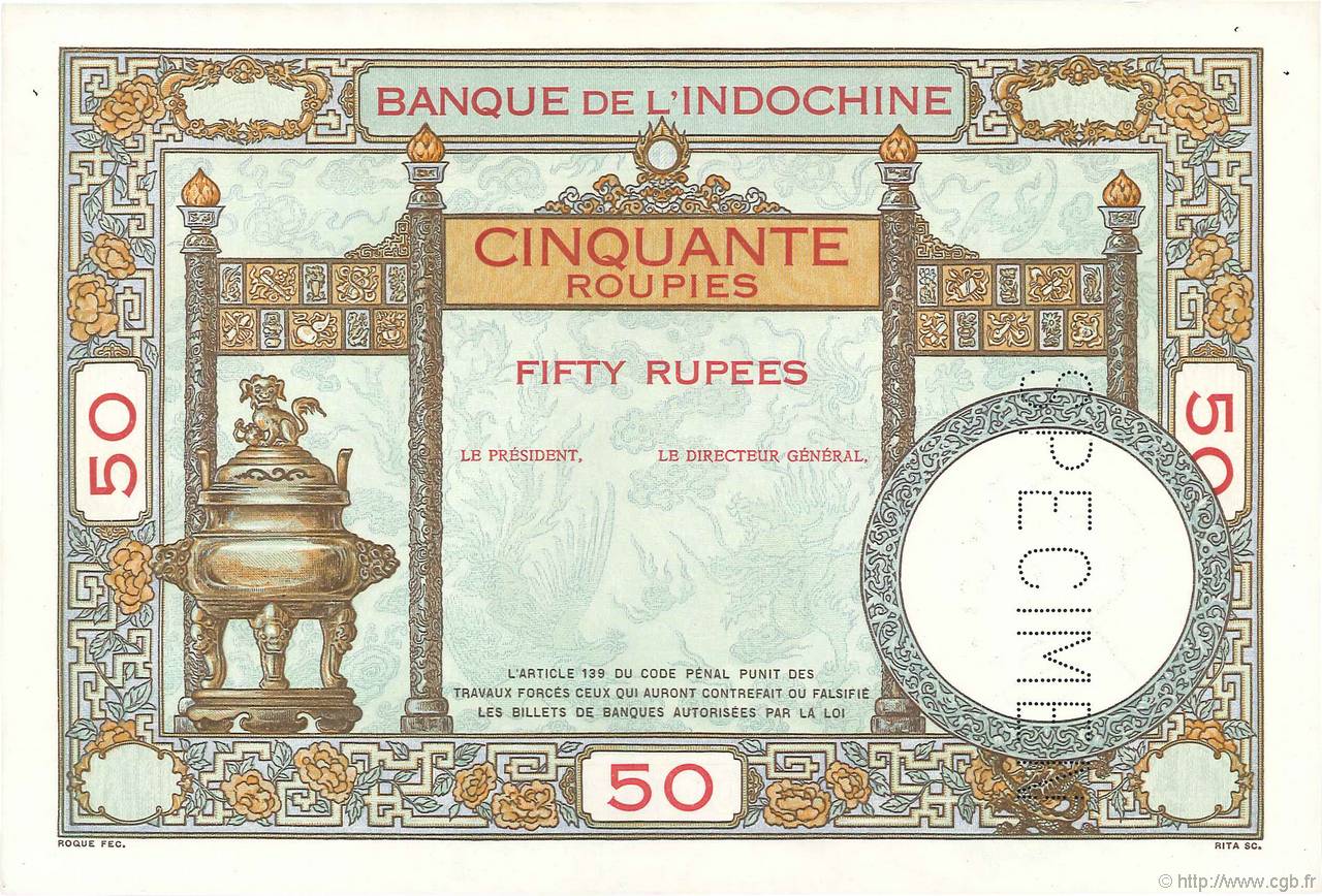 50 Roupies Épreuve INDIA FRANCESA  1936 P.07s EBC+