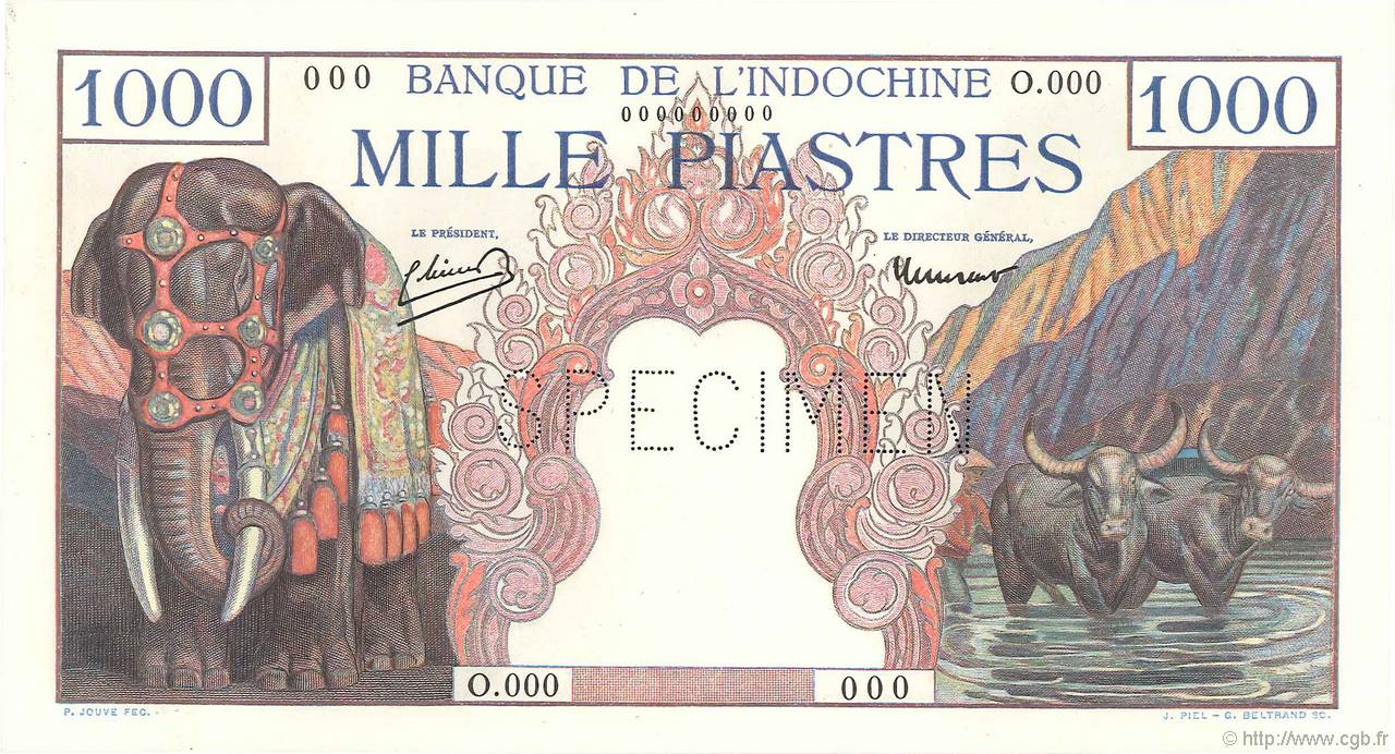 1000 Piastres Spécimen INDOCINA FRANCESE  1951 P.084s1 FDC