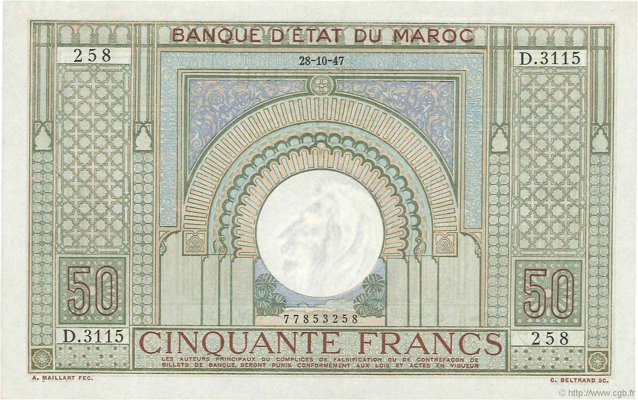 50 Francs MARUECOS  1947 P.21 SC+