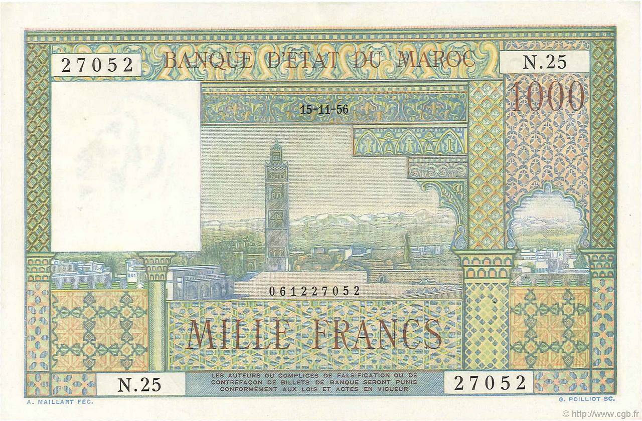 1000 Francs MAROKKO  1956 P.47 fST