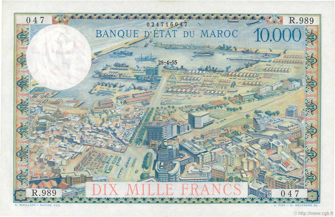 10000 Francs / 100 Dirhams MAROKKO  1955 P.52 fST+