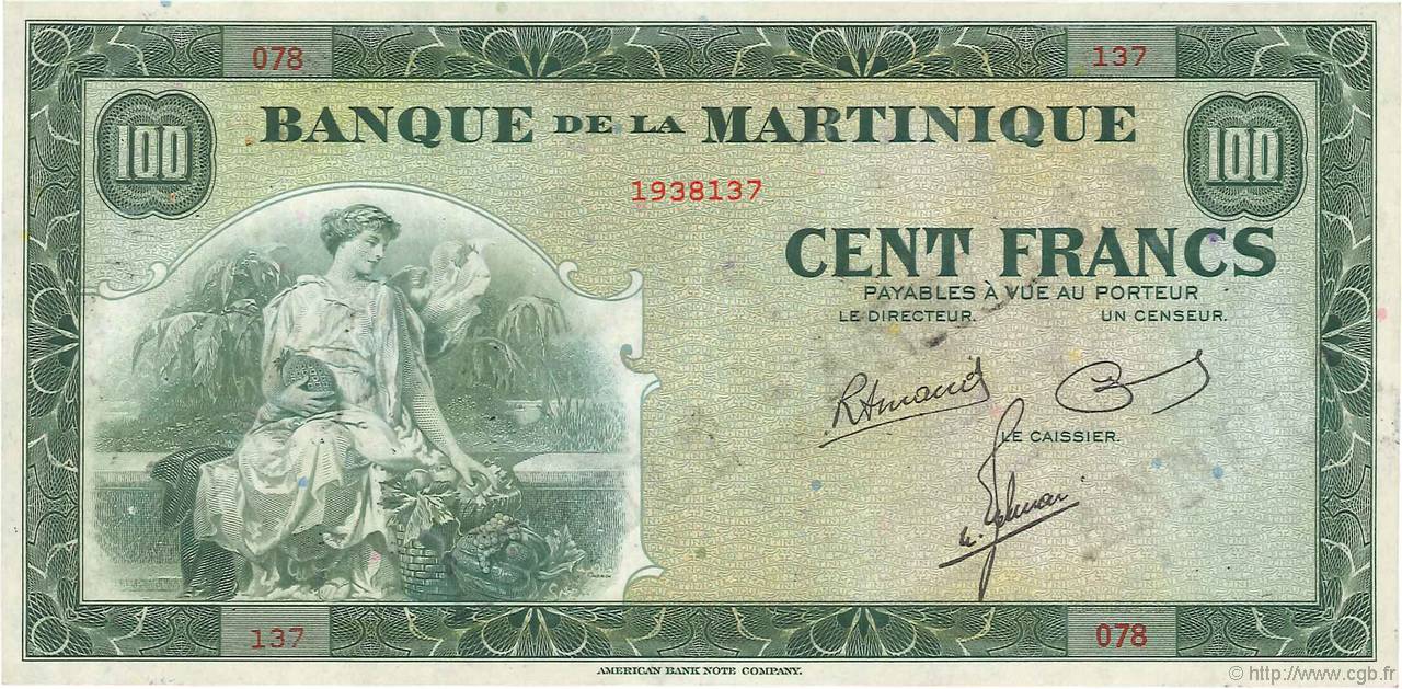 100 Francs Annulé MARTINIQUE  1945 P.19 VF+