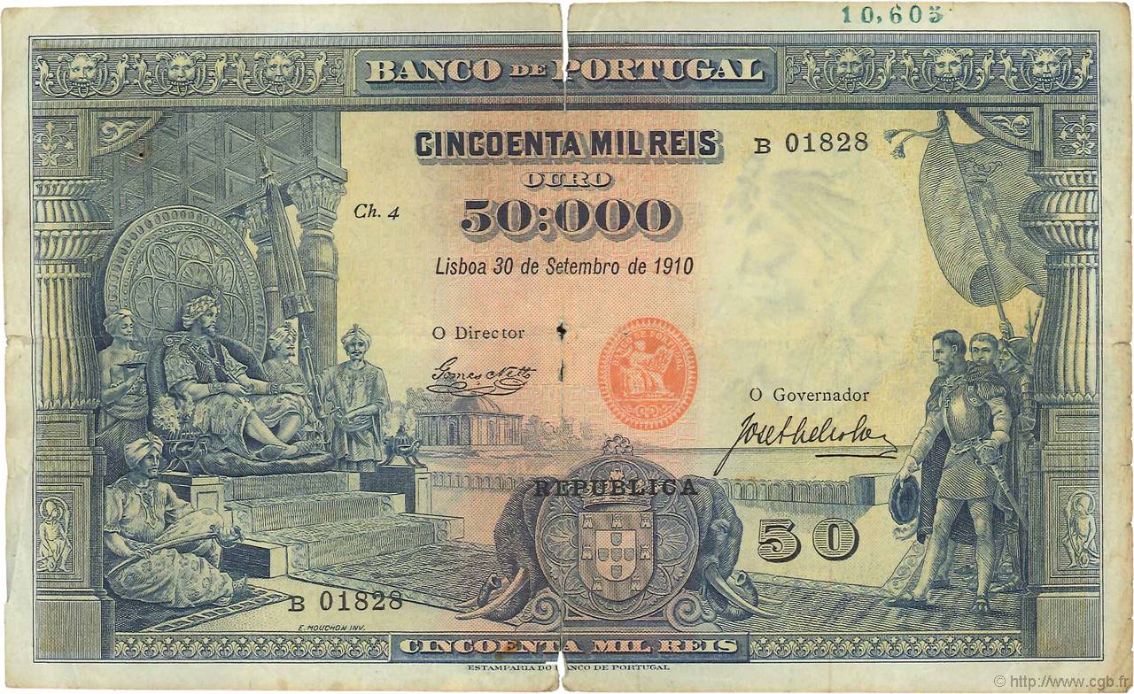 50000 Reis PORTUGAL  1910 P.110 S
