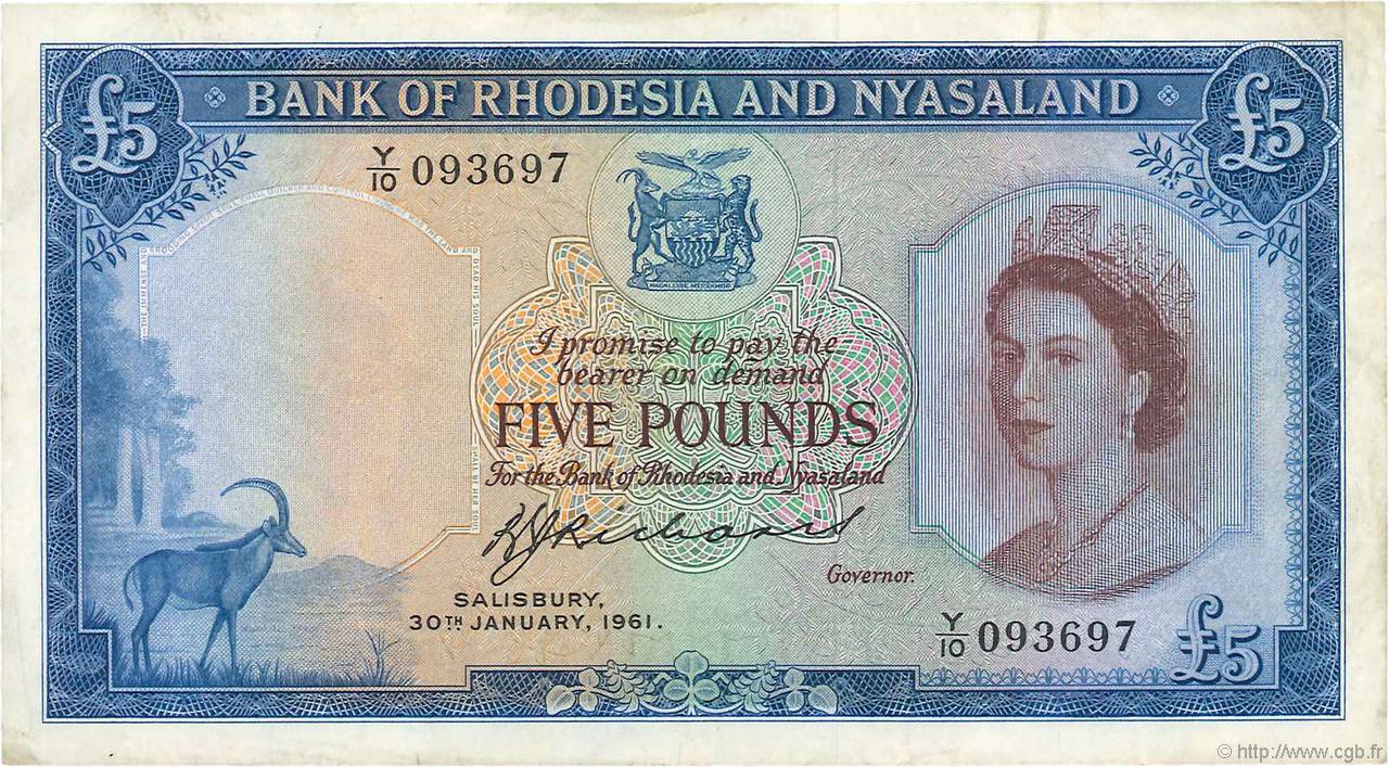 5 Pounds RHODESIA AND NYASALAND (Federation of)  1960 P.22b VF+