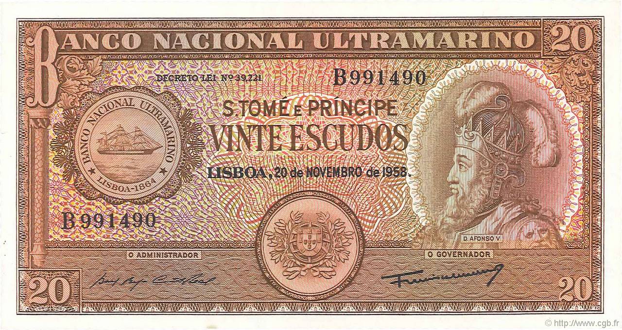 20 Escudos SAINT THOMAS et PRINCE  1958 P.036a NEUF