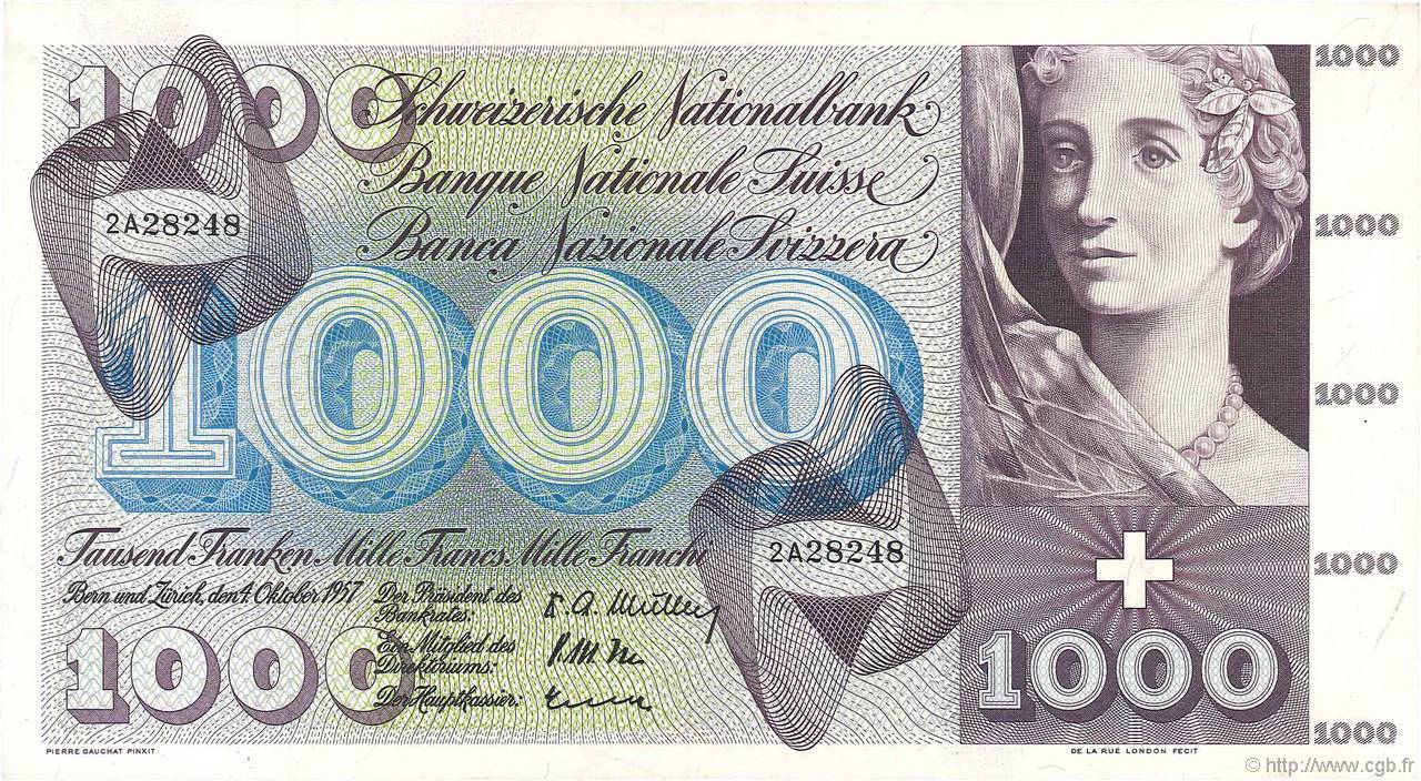 1000 Francs SUISSE  1957 P.52b VZ