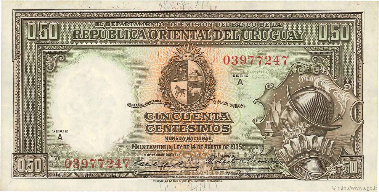 50 Centesimos URUGUAY  1935 P.027a TTB+