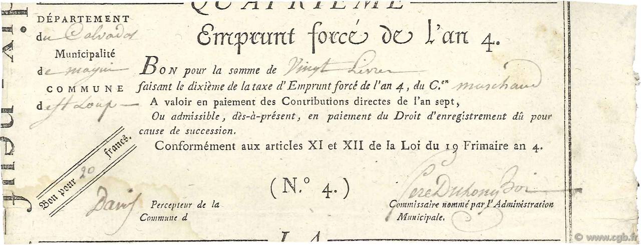 20 Francs - 20 Livres FRANCE régionalisme et divers Saint-Loup 1795  SUP