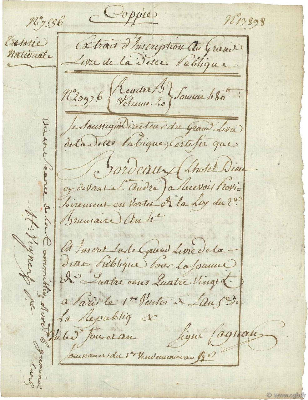 480 Livres FRANCE régionalisme et divers Bordeaux 1797  TTB