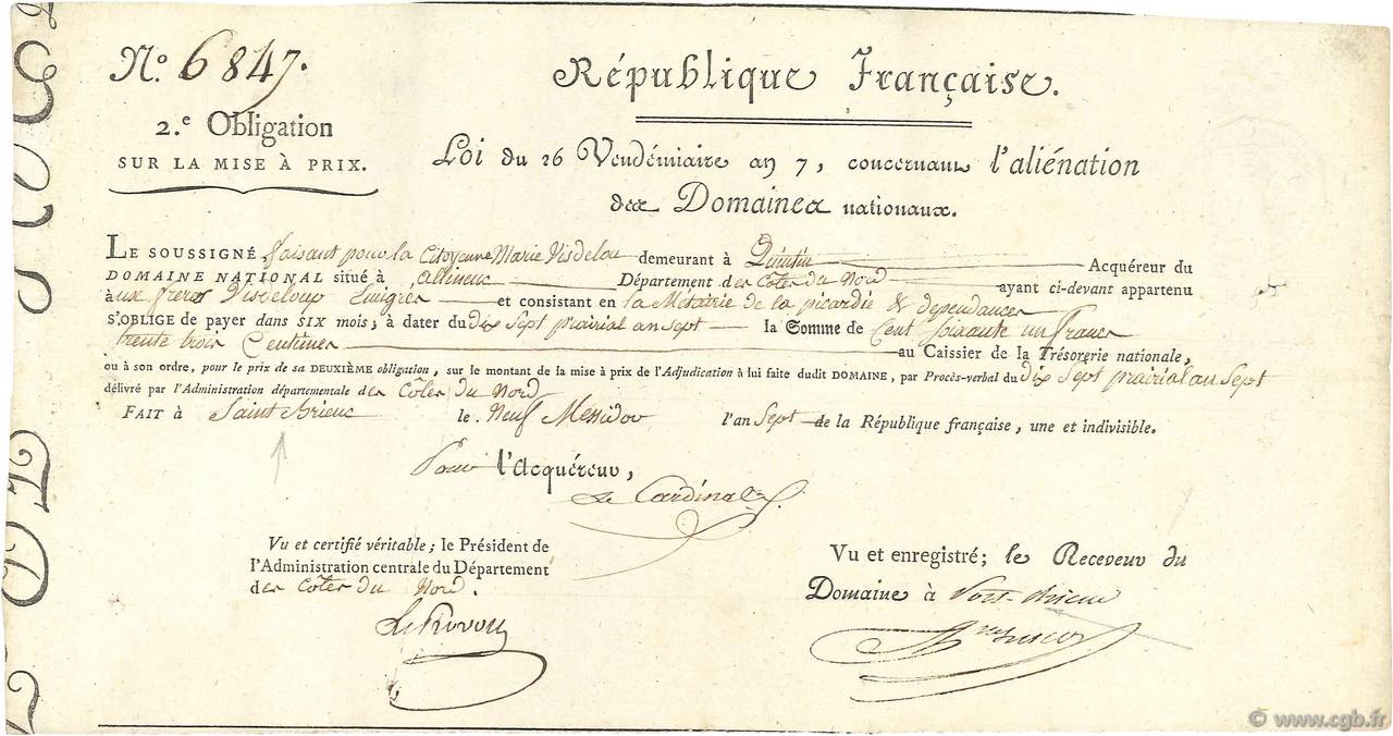 161 Francs 33 Centimes FRANCE regionalismo e varie Allineuc 1799  BB