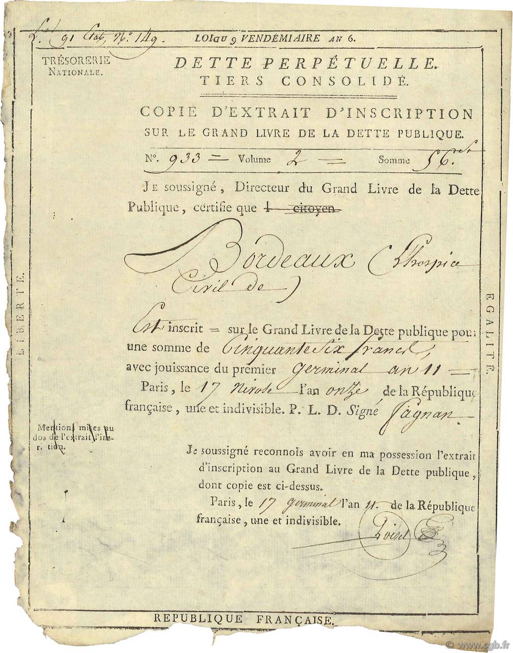 56 Francs FRANCE regionalism and miscellaneous Bordeaux 1803  VF