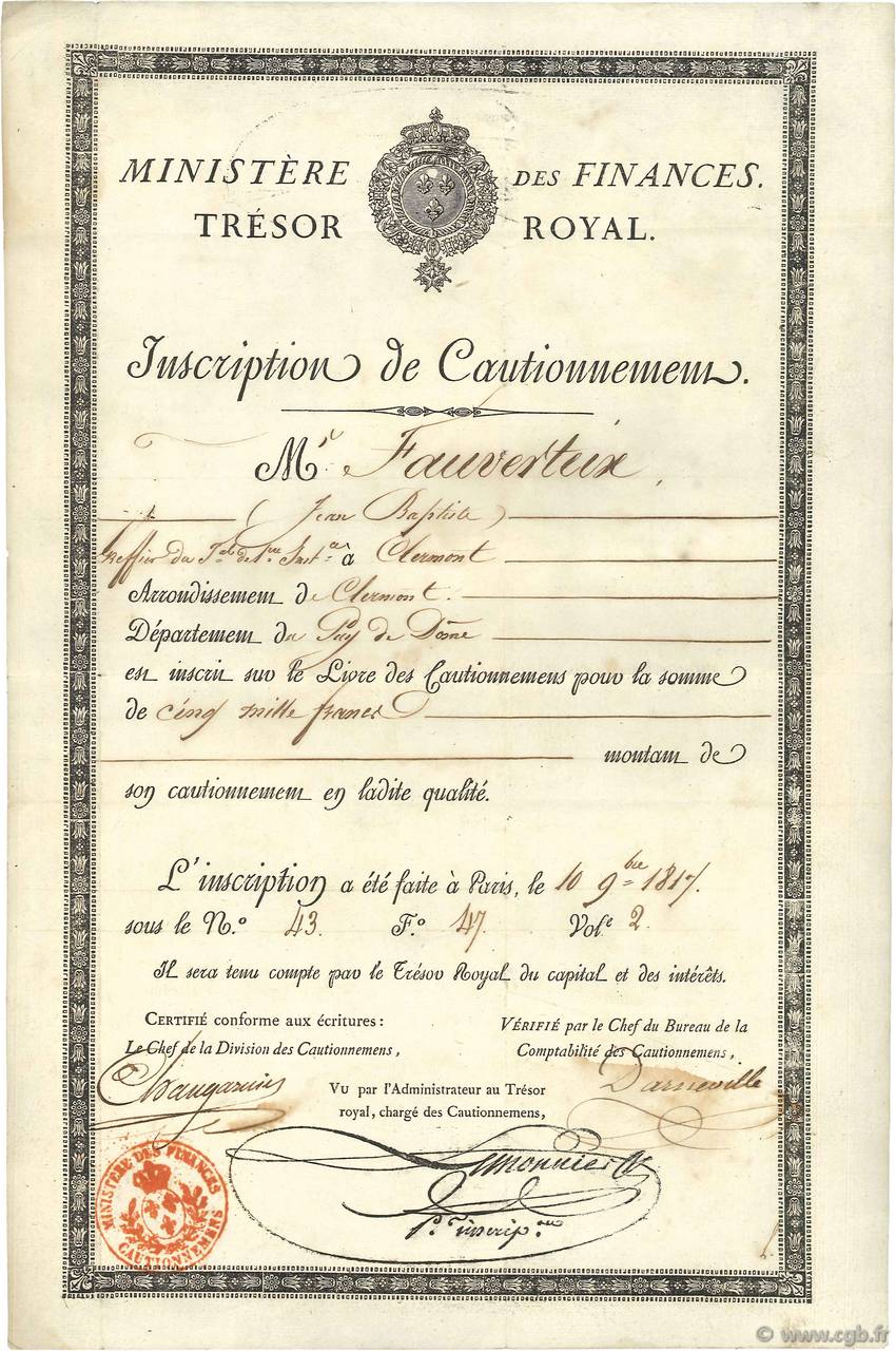 5000 Francs FRANCE régionalisme et divers Clermont 1817  TTB
