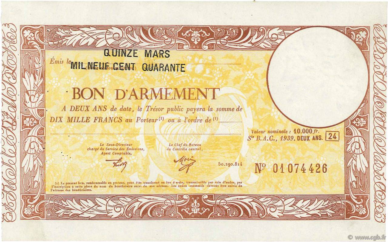 10000 Francs FRANCE regionalism and various  1940  VF