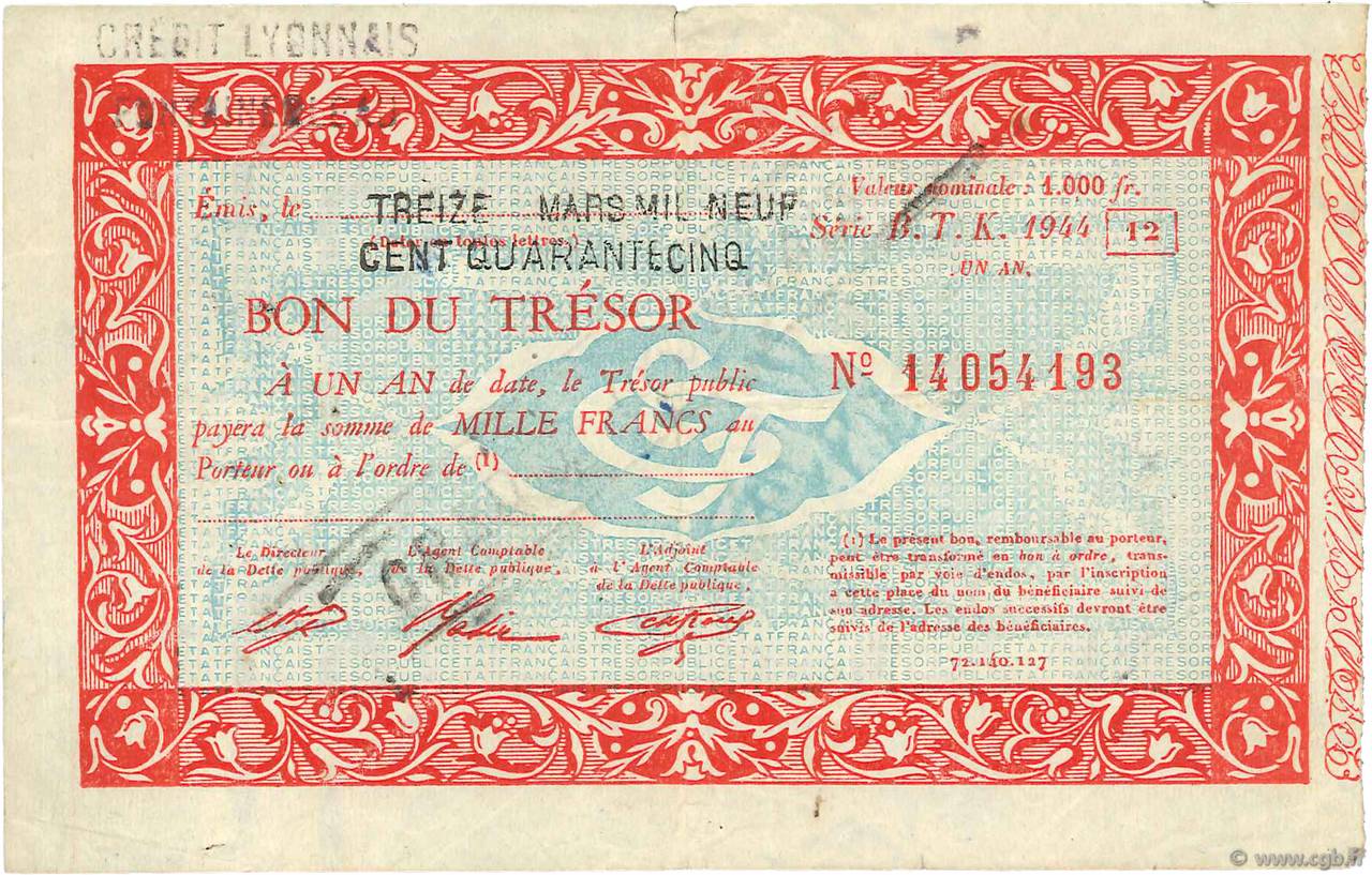 1000 Francs FRANCE regionalism and various  1945  VF