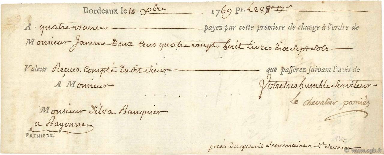 288 Livres 17 Sols FRANCE regionalism and miscellaneous Bordeaux 1769  VF