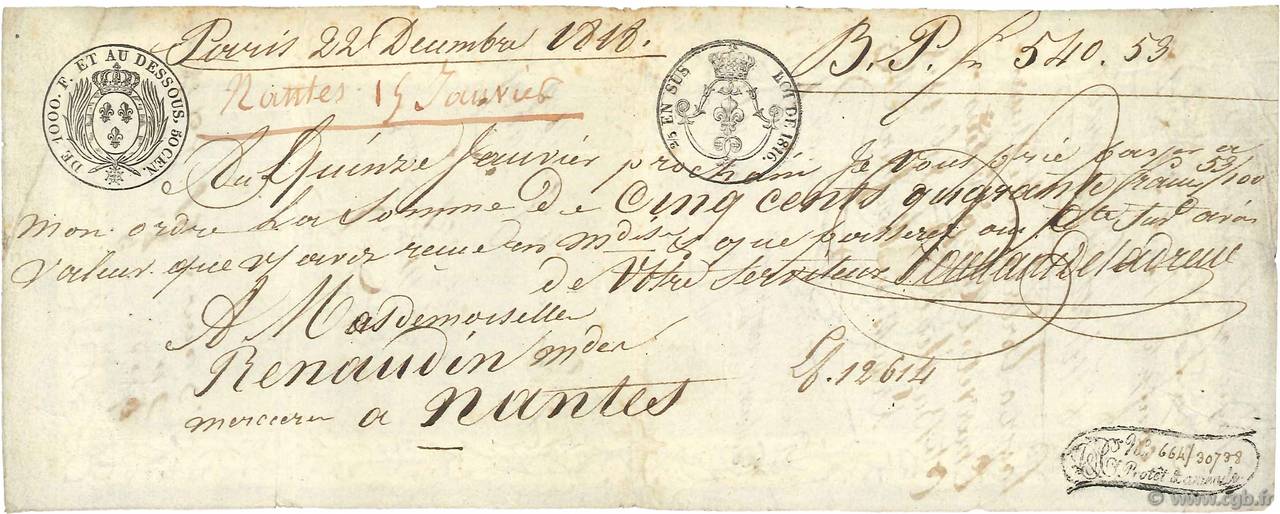 540,53 Francs FRANCE regionalism and various Nantes 1818  VF