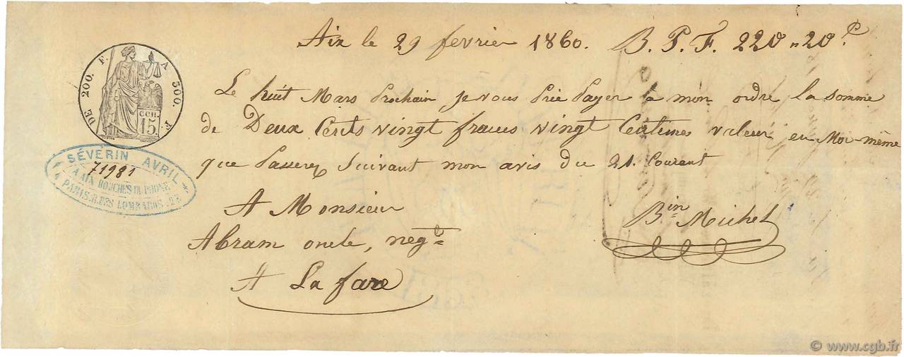 220,20 Francs FRANCE régionalisme et divers Aix 1860  TTB