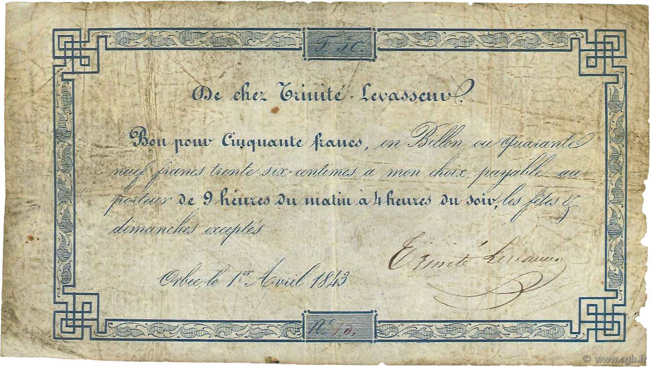 50 Francs FRANCE regionalismo e varie Orbec 1843  MB