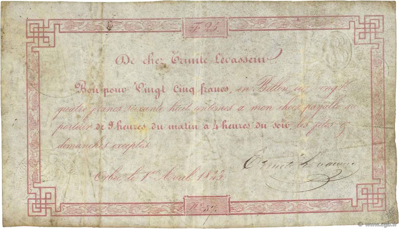 25 Francs FRANCE regionalismo e varie Orbec 1843  MB
