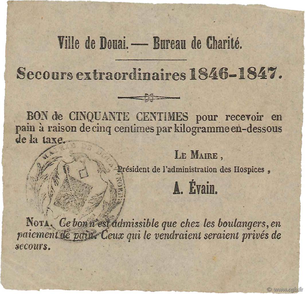 50 Centimes FRANCE regionalism and various Douai 1846  VF