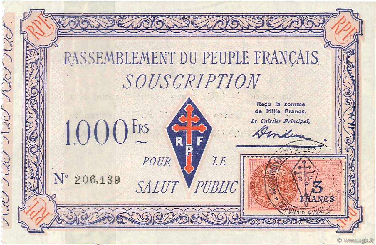 1000 Francs FRANCE regionalism and miscellaneous  1947  VF
