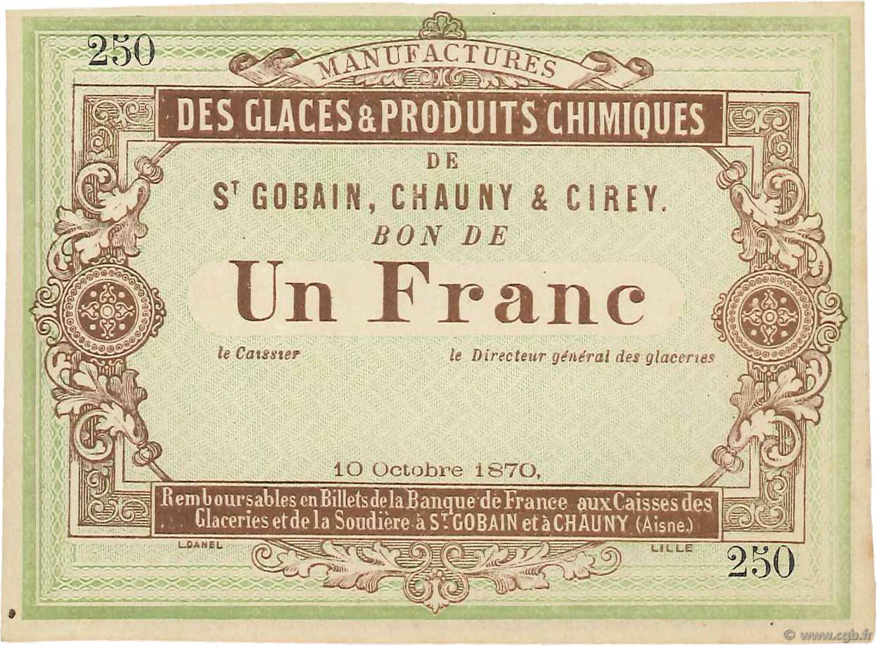 1 Franc Non émis FRANCE regionalism and various Saint Gobain 1870 JER.02.17a AU