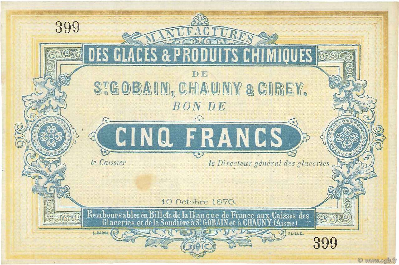 5 Francs Non émis FRANCE regionalism and various Saint Gobain 1870 JER.02.17b AU